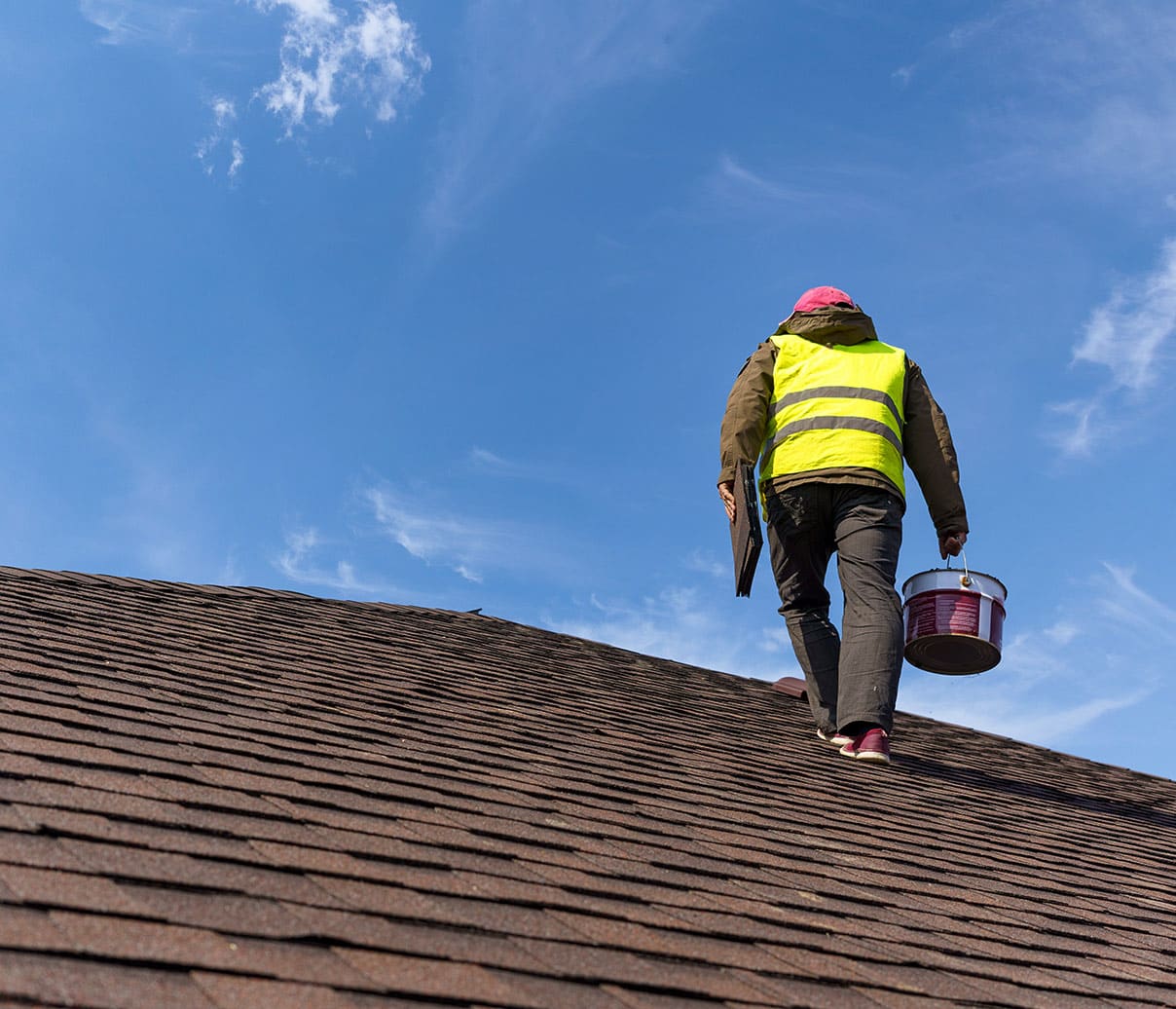 Man estimating and repairing roof
